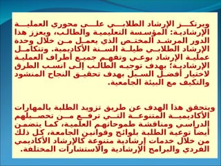 ‫ة‬333‫العملي‬ ‫محوري‬ ‫ى‬333‫عل‬ ‫ي‬333‫الطالب‬ ‫اإلرشاد‬ ‫ز‬333‫ويرتك‬
‫هذا‬ ‫ويعزز‬ ،‫ب‬3‫والطال‬ ‫ة‬3‫التعليمي‬ ‫سة‬3‫المؤس‬ :‫ة‬3‫اإلرشادي‬
‫وحدة‬ ‫خالل‬ ‫ن‬3
3‫م‬ ‫ل‬3
3‫يعم‬ ‫الذي‬ ‫ص‬3
3‫المخت‬ ‫د‬3
3‫المرش‬ ‫الدور‬
‫ل‬33‫وتتكام‬ .‫األكاديمية‬ ‫نة‬33‫الس‬ ‫ة‬33‫طيل‬ ‫ي‬33‫الطالب‬ ‫اإلرشاد‬
‫ة‬3‫العملي‬ ‫أطراف‬ ‫ع‬3
3‫جمي‬ ‫م‬3
3‫وتفه‬ ‫ي‬3‫بوع‬ ‫اإلرشاد‬ ‫ة‬3‫عملي‬
‫الطرق‬ ‫ب‬3‫انس‬ ‫ى‬3‫إل‬ ‫ب‬3‫الطال‬ ‫ه‬3‫توجي‬ ‫بهدف‬ ‫ة؛‬3‫اإلرشادي‬
‫المنشود‬ ‫النجاح‬ ‫ق‬3
3‫تحقي‬ ‫بهدف‬ ‫بل‬3
3‫الس‬ ‫ل‬3
3‫أفض‬ ‫الختيار‬
.‫الجامعية‬ ‫البيئة‬ ‫مع‬ ‫والتكيف‬
‫بالمهارات‬ ‫ة‬3
‫ب‬‫الطل‬ ‫د‬3
‫ي‬‫تزو‬ ‫ق‬3
‫ي‬‫طر‬ ‫ن‬3
‫ع‬ ‫الهدف‬ ‫هذا‬ ‫ق‬3
‫ق‬‫ويتح‬
‫يلهم‬333‫تحص‬ ‫ن‬333‫م‬ ‫ع‬333‫ترف‬ ‫ي‬333‫الت‬ ‫ة‬333‫المتنوع‬ ‫ة‬333‫األكاديمي‬
‫ن‬3‫يتضم‬ ‫ا‬3‫كم‬ ،‫ة‬3‫العلمي‬ ‫م‬3‫طموحاته‬ ‫ة‬3‫ومناقش‬ ‫ي‬3‫الدراس‬
‫ك‬3
‫ذل‬ ‫ل‬3
‫ك‬ ،‫ة‬3
‫الجامع‬ ‫ن‬3
‫وقواني‬ ‫ح‬3
‫بلوائ‬ ‫ة‬3
‫الطلب‬ ‫ة‬3
‫توعي‬ ً‫أيضا‬
‫ي‬3
‫م‬‫األكادي‬ ‫كاإلرشاد‬ ‫ة‬3
‫ع‬‫متنو‬ ‫ة‬3
‫ي‬‫إرشاد‬ ‫خدمات‬ ‫خالل‬ ‫ن‬3
‫م‬
.‫المختلفة‬ ‫واالستشارات‬ ‫اإلرشادية‬ ‫والبرامج‬ ‫الفردي‬
 