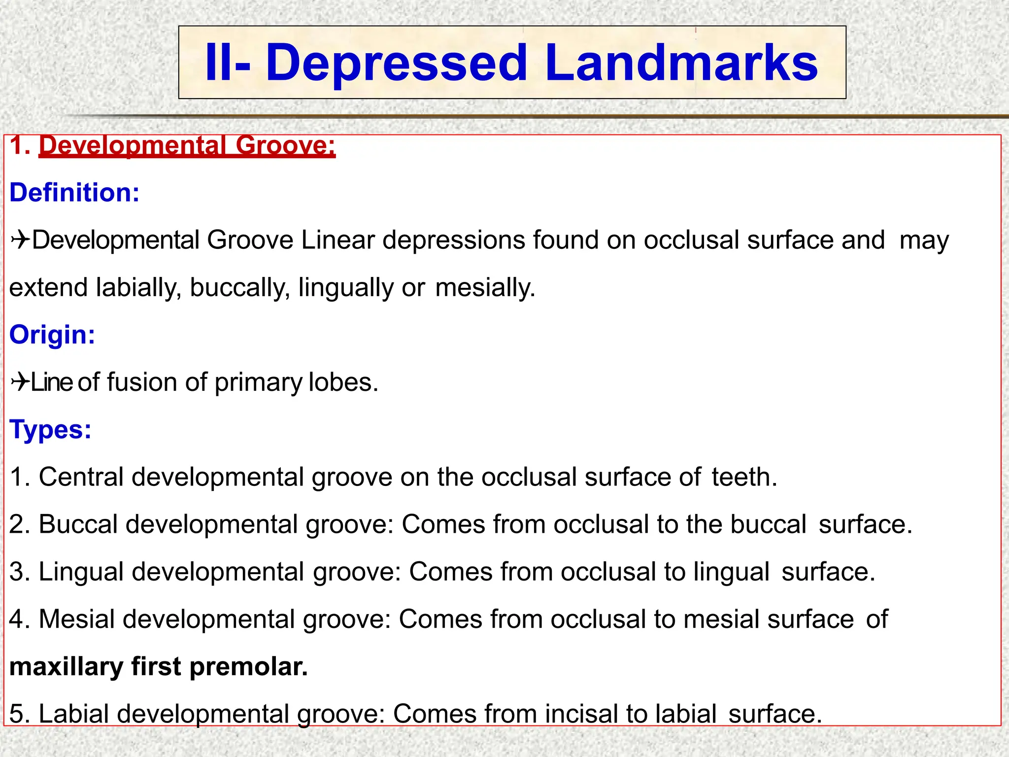 II- Depressed Landmarks
1. Developmental Groove:
Definition:
Developmental Groove Linear depressions found on occlusal surface and may
extend labially, buccally, lingually or mesially.
Origin:
Lineof fusion of primary lobes.
Types:
1. Central developmental groove on the occlusal surface of teeth.
2. Buccal developmental groove: Comes from occlusal to the buccal surface.
3. Lingual developmental groove: Comes from occlusal to lingual surface.
4. Mesial developmental groove: Comes from occlusal to mesial surface of
maxillary first premolar.
5. Labial developmental groove: Comes from incisal to labial surface.
 