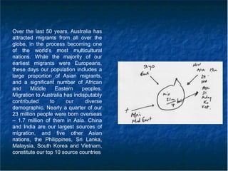 Over the last 50 years, Australia has
attracted migrants from all over the
globe, in the process becoming one
of the world’s most multicultural
nations. While the majority of our
earliest migrants were Europeans,
these days our population includes a
large proportion of Asian migrants,
and a significant number of African
and Middle Eastern peoples.
Migration to Australia has indisputably
contributed to our diverse
demographic. Nearly a quarter of our
23 million people were born overseas
– 1.7 million of them in Asia. China
and India are our largest sources of
migration, and five other Asian
nations, the Philippines, Sri Lanka,
Malaysia, South Korea and Vietnam,
constitute our top 10 source countries
 