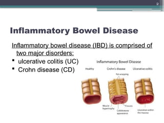 2
Inflammatory Bowel Disease
Inflammatory bowel disease (IBD) is comprised of
two major disorders:
 ulcerative colitis (UC)
 Crohn disease (CD)
 