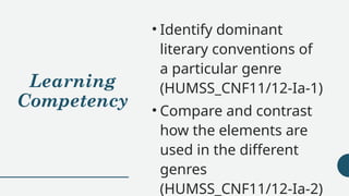 Learning
Competency
• Identify dominant
literary conventions of
a particular genre
(HUMSS_CNF11/12-Ia-1)
• Compare and contrast
how the elements are
used in the different
genres
(HUMSS_CNF11/12-Ia-2)
 