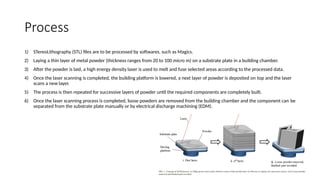 Process
1) STereoLithography (STL) files are to be processed by softwares, such as Magics.
2) Laying a thin layer of metal powder (thickness ranges from 20 to 100 micro m) on a substrate plate in a building chamber.
3) After the powder is laid, a high energy density laser is used to melt and fuse selected areas according to the processed data.
4) Once the laser scanning is completed, the building platform is lowered, a next layer of powder is deposited on top and the laser
scans a new layer.
5) The process is then repeated for successive layers of powder until the required components are completely built.
6) Once the laser scanning process is completed, loose powders are removed from the building chamber and the component can be
separated from the substrate plate manually or by electrical discharge machining (EDM).
 