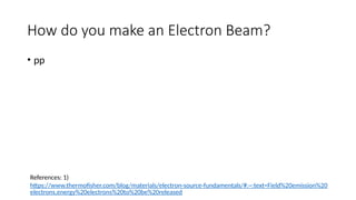 How do you make an Electron Beam?
• pp
References: 1)
https://www.thermofisher.com/blog/materials/electron-source-fundamentals/#:~:text=Field%20emission%20
electrons,energy%20electrons%20to%20be%20released
 