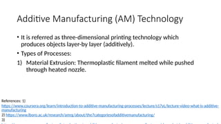 Additive Manufacturing (AM) Technology
• It is referred as three-dimensional printing technology which
produces objects layer-by layer (additively).
• Types of Processes:
1) Material Extrusion: Thermoplastic filament melted while pushed
through heated nozzle.
References: 1)
https://www.coursera.org/learn/introduction-to-additive-manufacturing-processes/lecture/s17yL/lecture-video-what-is-additive-
manufacturing
2) https://www.lboro.ac.uk/research/amrg/about/the7categoriesofadditivemanufacturing/
3)
 