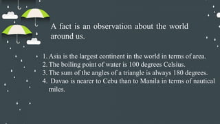 A fact is an observation about the world
around us.
1. Asia is the largest continent in the world in terms of area.
2. The boiling point of water is 100 degrees Celsius.
3. The sum of the angles of a triangle is always 180 degrees.
4. Davao is nearer to Cebu than to Manila in terms of nautical
miles.
 