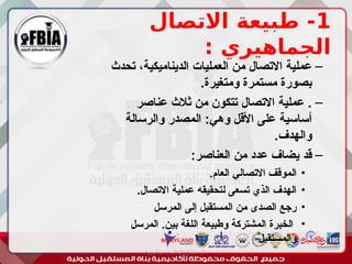 1
‫االتصال‬ ‫طبيعة‬ -
: ‫الجماهيري‬
–
‫تحدث‬ ،‫الديناميكية‬ ‫العمليات‬ ‫من‬ ‫االتصال‬ ‫عملية‬
.‫ومتغيرة‬ ‫مستمرة‬ ‫بصورة‬
–
‫عناصر‬ ‫ثالث‬ ‫من‬ ‫تتكون‬ ‫االتصال‬ ‫عملية‬ .
‫والرسالة‬ ‫المصدر‬ :‫وهي‬ ‫األقل‬ ‫على‬ ‫أساسية‬
.‫والهدف‬
–
:‫العناصر‬ ‫من‬ ‫عدد‬ ‫يضاف‬ ‫قد‬
•
.‫العام‬ ‫االتصالي‬ ‫الموقف‬
•
.‫االتصال‬ ‫عملية‬ ‫لتحقيقه‬ ‫تسعى‬ ‫الذي‬ ‫الهدف‬
•
‫المرسل‬ ‫إلى‬ ‫المستقبل‬ ‫من‬ ‫الصدى‬ ‫رجع‬
•
‫المرسل‬ .‫بين‬ ‫اللغة‬ ‫وطبيعة‬ ‫المشتركة‬ ‫الخبرة‬
‫والمستقبل‬
‫أبورية‬ ‫مها‬ ‫د‬ ‫االعالم‬ ‫اجتماع‬ ‫علم‬
 