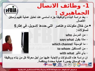 1
‫االتصال‬ ‫وظائف‬ -
: ‫الجماهيري‬
◦
‫وسائل‬ ‫تقييم‬ ‫عملية‬ ‫تحليل‬ ‫عند‬ ‫أساسي‬ ‫جزء‬ ‫والوظيفة‬ ‫البناء‬ ‫دراسة‬ ‫يعد‬
.‫االتصال‬

‫إطار‬ ‫في‬ ،‫السويل‬ ‫حددها‬ ‫التي‬ ‫وعناصر‬ ‫مكونات‬ ‫خالل‬ ‫من‬
5
:‫تساؤالت‬
◦
‫المرسل‬ ‫من‬
who
◦
‫يقول‬ ‫ماذا‬
says what
◦
‫الوسيلة‬ ‫ما‬
which channel
◦
‫المستقبل‬ ‫من‬
to whom
◦
‫تأثير‬ ‫بأي‬
with what
‫ووظيفة‬ ‫بناء‬ ‫من‬ ‫كل‬ ‫معرفة‬ ‫أجل‬ ‫من‬ ‫عليها‬ ‫واالجابة‬ ‫التساؤالت‬ ‫هذه‬ ‫دراسة‬ ‫ان‬
.‫ومنظمة‬ ‫محددة‬ ‫عملية‬ ‫بصورة‬ ‫الوسائل‬ ‫هذه‬
‫أبورية‬ ‫مها‬ ‫د‬ ‫االعالم‬ ‫اجتماع‬ ‫علم‬
 
