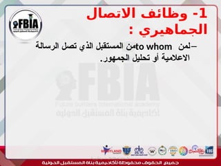 1
‫االتصال‬ ‫وظائف‬ -
: ‫الجماهيري‬
–
‫لمن‬
to whom
‫الرسالة‬ ‫تصل‬ ‫الذي‬ ‫المستقبل‬ ‫من‬
.‫الجمهور‬ ‫تحليل‬ ‫أو‬ ‫االعالمية‬
‫أبورية‬ ‫مها‬ ‫د‬ ‫االعالم‬ ‫اجتماع‬ ‫علم‬
 