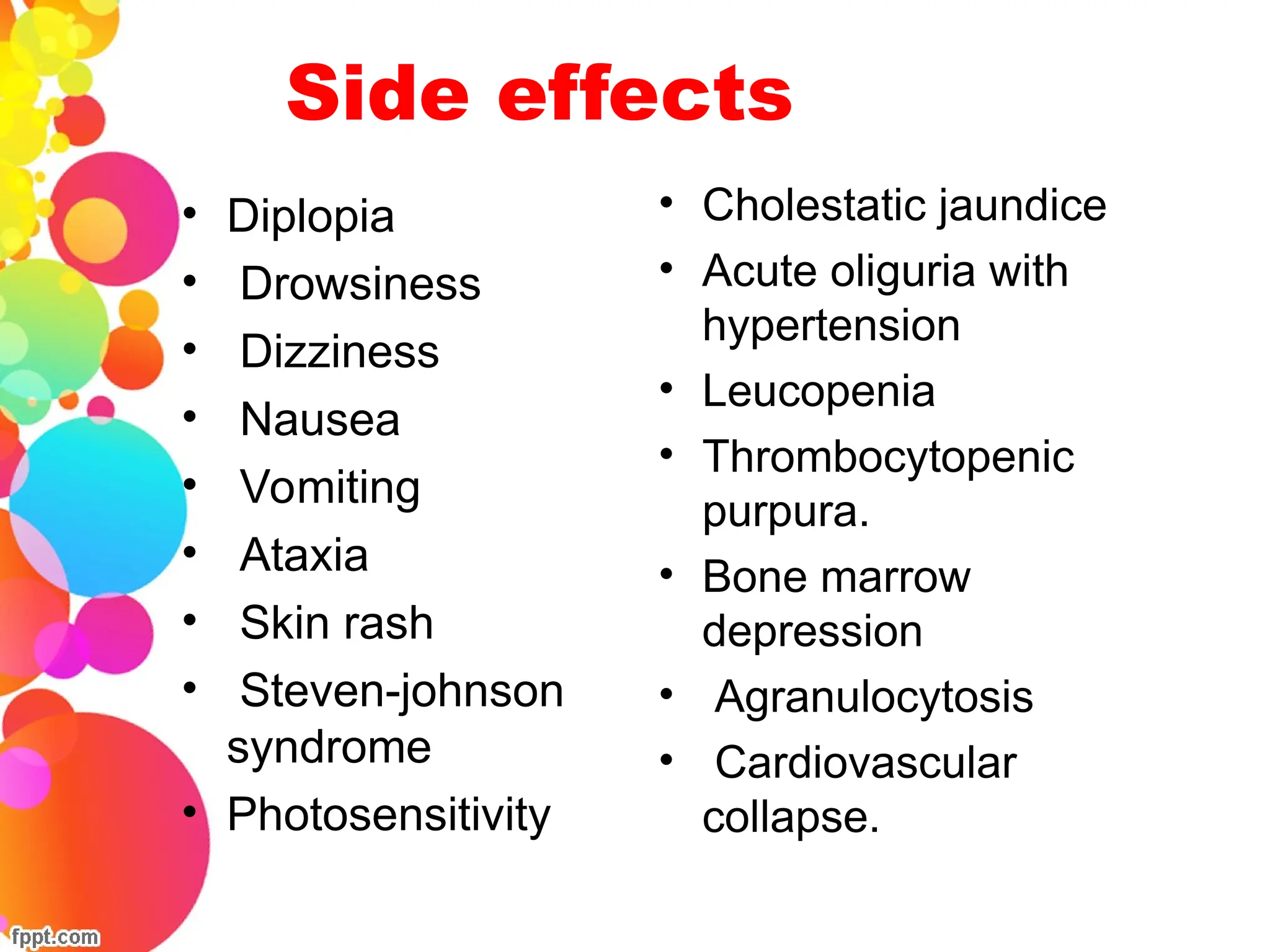 Side effects
• Diplopia
• Drowsiness
• Dizziness
• Nausea
• Vomiting
• Ataxia
• Skin rash
• Steven-johnson
syndrome
• Photosensitivity
• Cholestatic jaundice
• Acute oliguria with
hypertension
• Leucopenia
• Thrombocytopenic
purpura.
• Bone marrow
depression
• Agranulocytosis
• Cardiovascular
collapse.
 