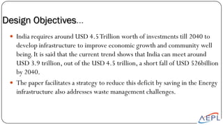 Design Objectives…
 India requires around USD 4.5Trillion worth of investments till 2040 to
develop infrastructure to improve economic growth and community well
being. It is said that the current trend shows that India can meet around
USD 3.9 trillion, out of the USD 4.5 trillion, a short fall of USD 526billion
by 2040.
 The paper facilitates a strategy to reduce this deficit by saving in the Energy
infrastructure also addresses waste management challenges.
 