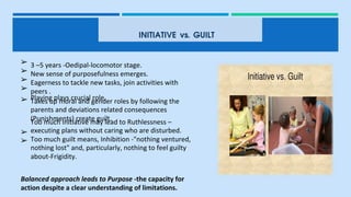 INITIATIVE vs. GUILT
➢
➢
➢
➢
➢
3 –5 years -Oedipal-locomotor stage.
New sense of purposefulness emerges.
Eagerness to tackle new tasks, join activities with
peers .
Playing plays crucial role.
Takes up moral and gender roles by following the
parents and deviations related consequences
(Punishments) create guilt.
Too much Initiative may lead to Ruthlessness –
executing plans without caring who are disturbed.
Too much guilt means, Inhibition -"nothing ventured,
nothing lost" and, particularly, nothing to feel guilty
about-Frigidity.
➢
➢
Balanced approach leads to Purpose -the capacity for
action despite a clear understanding of limitations.
 