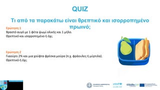 QUIZ
Tι από τα παρακάτω είναι θρεπτικό και ισορροπημένο
πρωινό;
Ερώτηση 1
Βραστό αυγό με 1 φέτα ψωμί ολικής και 1 μήλο.
Θρεπτικό και ισορροπημένο ή όχι;
Απάντηση: Θρεπτικό & Ισορροπημένο.
Γιατί: Περιέχει 3 ομάδες τροφίμων (πρωτεΐνη, δημητριακά ολικής, φρούτο)
Ερώτηση 2
Γιαούρτι 2% και μια χούφτα φρέσκα μούρα (π.χ. φράουλες ή μύρτιλα).
Θρεπτικό ή όχι;
Απάντηση: Θρεπτικό, αλλά όχι πλήρως ισορροπημένο.
Γιατί: Έχει πρωτεΐνη & ασβέστιο από το γιαούρτι και βιταμίνες/φυτικές ίνες από
τα φρούτα. Λείπει όμως μια τρίτη ομάδα, όπως δημητριακά ολικής, για να
θεωρηθεί πλήρως ισορροπημένο πρωινό.
 