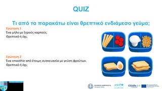 QUIZ
Tι από τα παρακάτω είναι θρεπτικό ενδιάμεσο γεύμα;
Ερώτηση 1
Ένα μήλο με ξηρούς καρπούς.
Θρεπτικό ή όχι;
Απάντηση: Θρεπτικό.
Γιατί: Πηγή ενέργειας & φυτικών ινών.
Ερώτηση 2
Ένα smoothie από έτοιμη συσκευασία με γεύση φρούτων.
Θρεπτικό ή όχι;
Απάντηση: Όχι θρεπτικό.
Γιατί: Το έτοιμο smoothie έχει συνήθως πολλή πρόσθετη ζάχαρη και ελάχιστο
πραγματικό φρούτο.
 