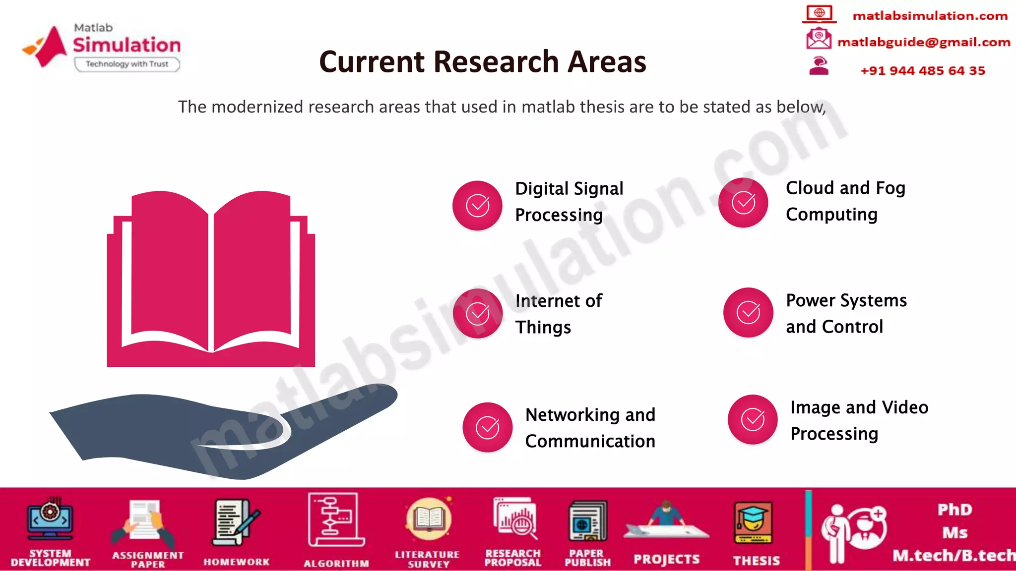 Current Research Areas
The modernized research areas that used in matlab thesis are to be stated as below,
Digital Signal
Processing
Cloud and Fog
Computing
Internet of
Things
Power Systems
and Control
Networking and
Communication
Image and Video
Processing
 