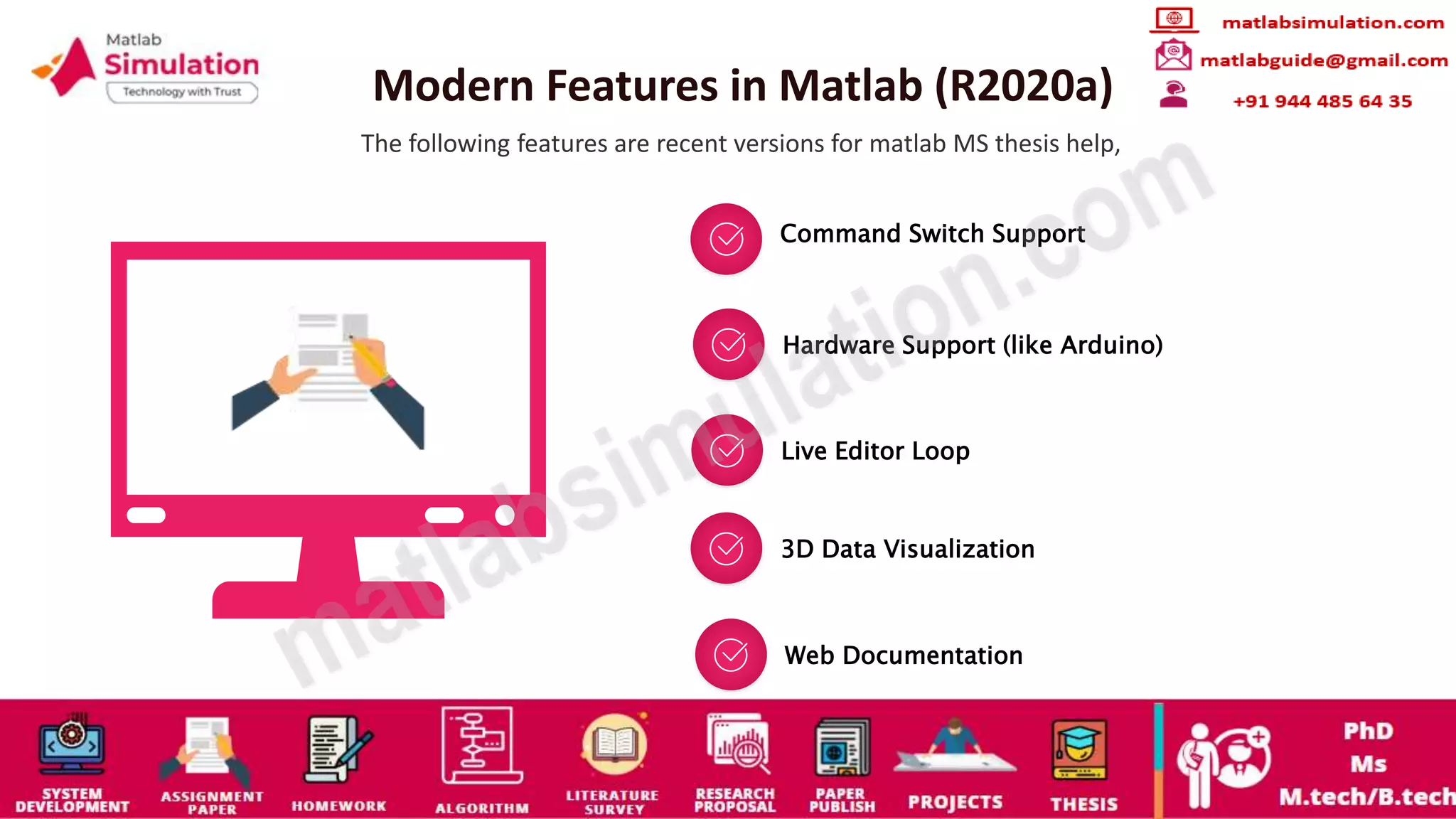Modern Features in Matlab (R2020a)
The following features are recent versions for matlab MS thesis help,
Command Switch Support
Hardware Support (like Arduino)
Live Editor Loop
3D Data Visualization
Web Documentation
 