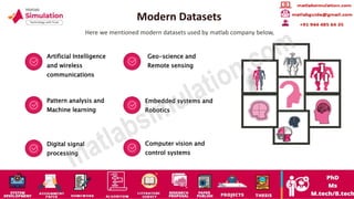 Modern Datasets
Here we mentioned modern datasets used by matlab company below,
Artificial Intelligence
and wireless
communications
Geo-science and
Remote sensing
Pattern analysis and
Machine learning
Embedded systems and
Robotics
Digital signal
processing
Computer vision and
control systems
 