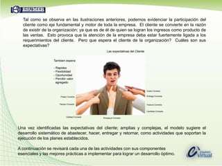 Tal como se observa en las ilustraciones anteriores, podemos evidenciar la participación del cliente como eje fundamental y motor de toda la empresa.  El cliente se convierte en la razón de existir de la organización; ya que es de él de quien se logran los ingresos como producto de las ventas.  Esto provoca que la atención de la empresa deba estar fuertemente ligada a los requerimientos del cliente.  Pero que espera el cliente de la organización?  Cuáles son sus expectativas?Una vez identificadas las expectativas del cliente; amplias y complejas, el modelo sugiere el desarrollo sistemático de abastecer, hacer, entregar y retornar, como actividades que soportan la ejecución de los planes establecidos.   A continuación se revisará cada una de las actividades con sus componentes esenciales y las mejores prácticas a implementar para lograr un desarrollo óptimo. 