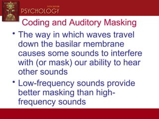 Coding and Auditory Masking
• The way in which waves travel
down the basilar membrane
causes some sounds to interfere
with (or mask) our ability to hear
other sounds
• Low-frequency sounds provide
better masking than high-
frequency sounds
 