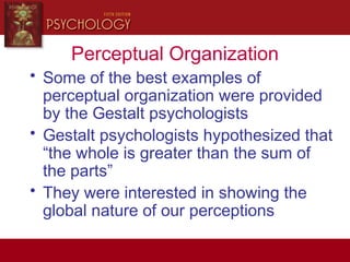 Perceptual Organization
• Some of the best examples of
perceptual organization were provided
by the Gestalt psychologists
• Gestalt psychologists hypothesized that
“the whole is greater than the sum of
the parts”
• They were interested in showing the
global nature of our perceptions
 