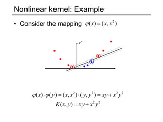 Nonlinear kernel: Example
• Consider the mapping )
,
(
)
( 2
x
x
x 

2
2
2
2
2
2
)
,
(
)
,
(
)
,
(
)
(
)
(
y
x
xy
y
x
K
y
x
xy
y
y
x
x
y
x








x2
 