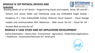 MODULE IV IOT PHYSICAL DEVICES AND
SERVERS
Building blocks of an IoT device - Programming Inputs and outputs, Serial, SPI ...