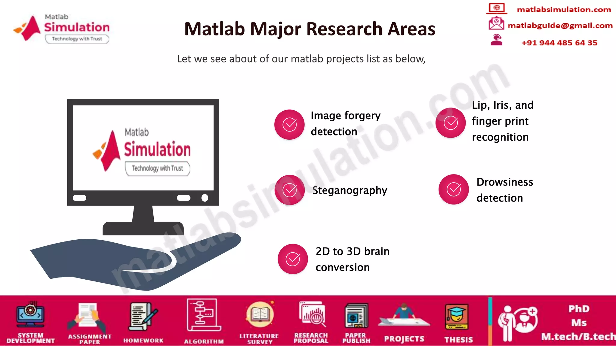 Matlab Major Research Areas
Let we see about of our matlab projects list as below,
Image forgery
detection
Lip, Iris, and
finger print
recognition
Steganography
Drowsiness
detection
2D to 3D brain
conversion
 
