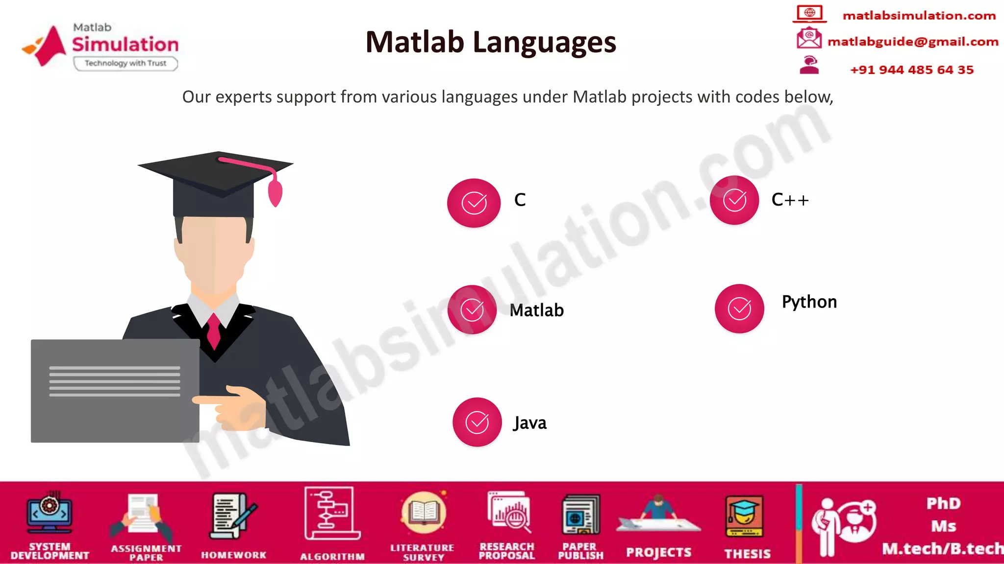 Matlab Languages
Our experts support from various languages under Matlab projects with codes below,
C C++
Matlab
Python
Java
 