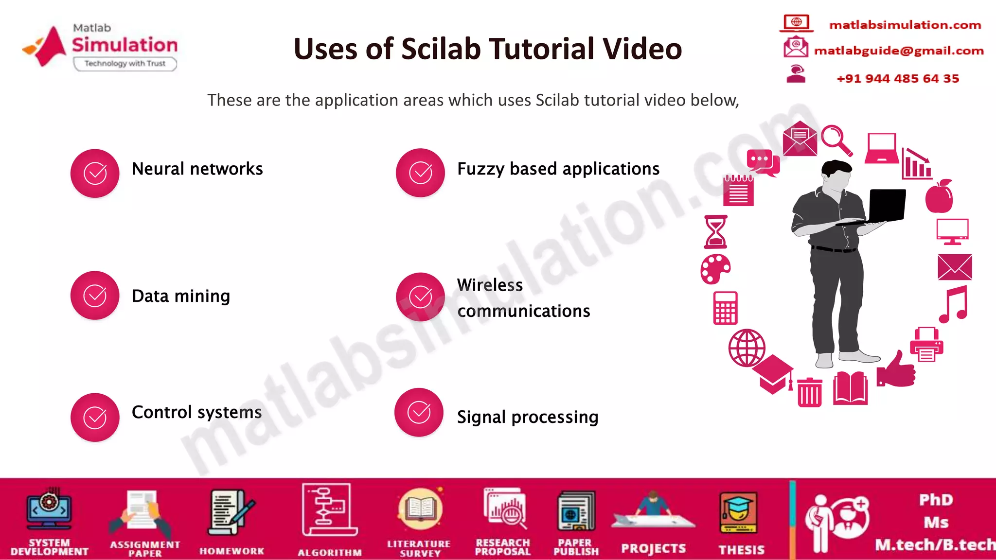 Uses of Scilab Tutorial Video
These are the application areas which uses Scilab tutorial video below,
Neural networks Fuzzy based applications
Data mining
Wireless
communications
Control systems Signal processing