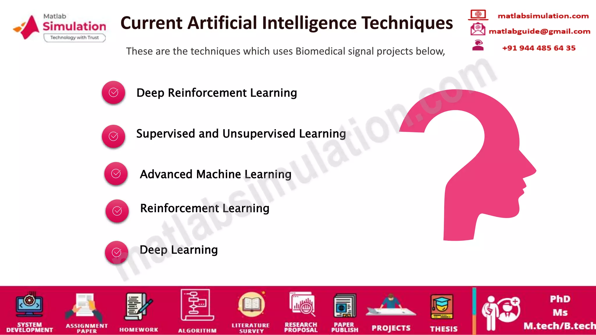 Current Artificial Intelligence Techniques
These are the techniques which uses Biomedical signal projects below,
Deep Reinforcement Learning
Supervised and Unsupervised Learning
Advanced Machine Learning
Reinforcement Learning
Deep Learning
