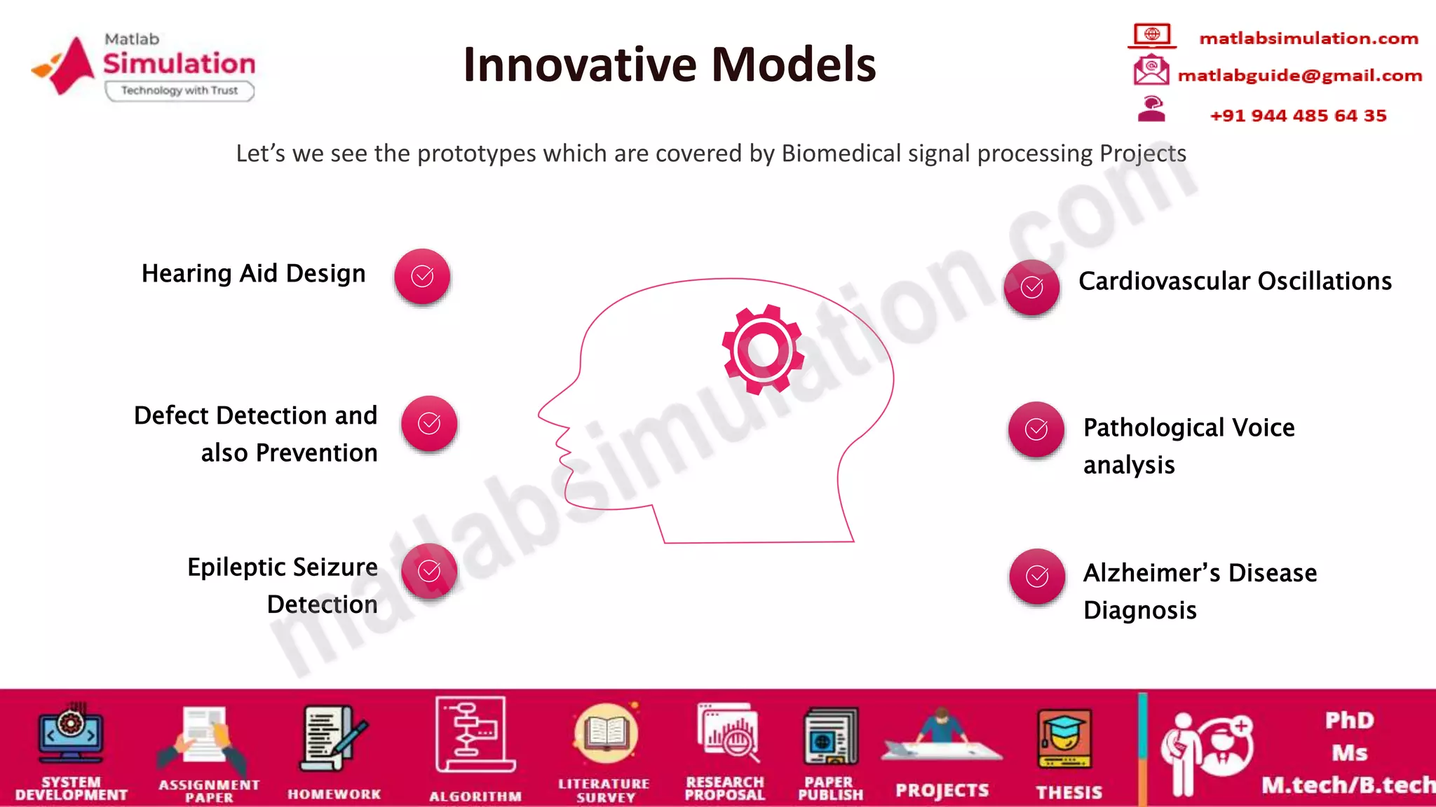 Innovative Models
Let’s we see the prototypes which are covered by Biomedical signal processing Projects
Hearing Aid Design
Defect Detection and
also Prevention
Cardiovascular Oscillations
Pathological Voice
analysis
Epileptic Seizure
Detection
Alzheimer’s Disease
Diagnosis