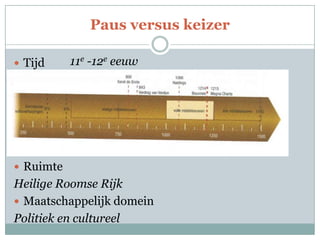 Paus versus keizer
 Tijd
 Ruimte
Heilige Roomse Rijk
 Maatschappelijk domein
Politiek en cultureel
11e -12e eeuw
 