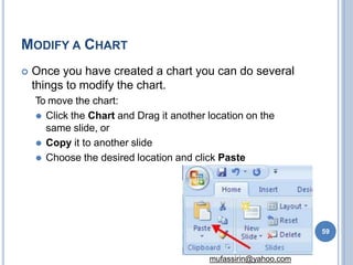 MODIFY A CHART
 Once you have created a chart you can do several
things to modify the chart.
To move the chart:
⚫ Click the Chart and Drag it another location on the
same slide, or
⚫ Copy it to another slide
⚫ Choose the desired location and click Paste
59
mufassirin@yahoo.com
 