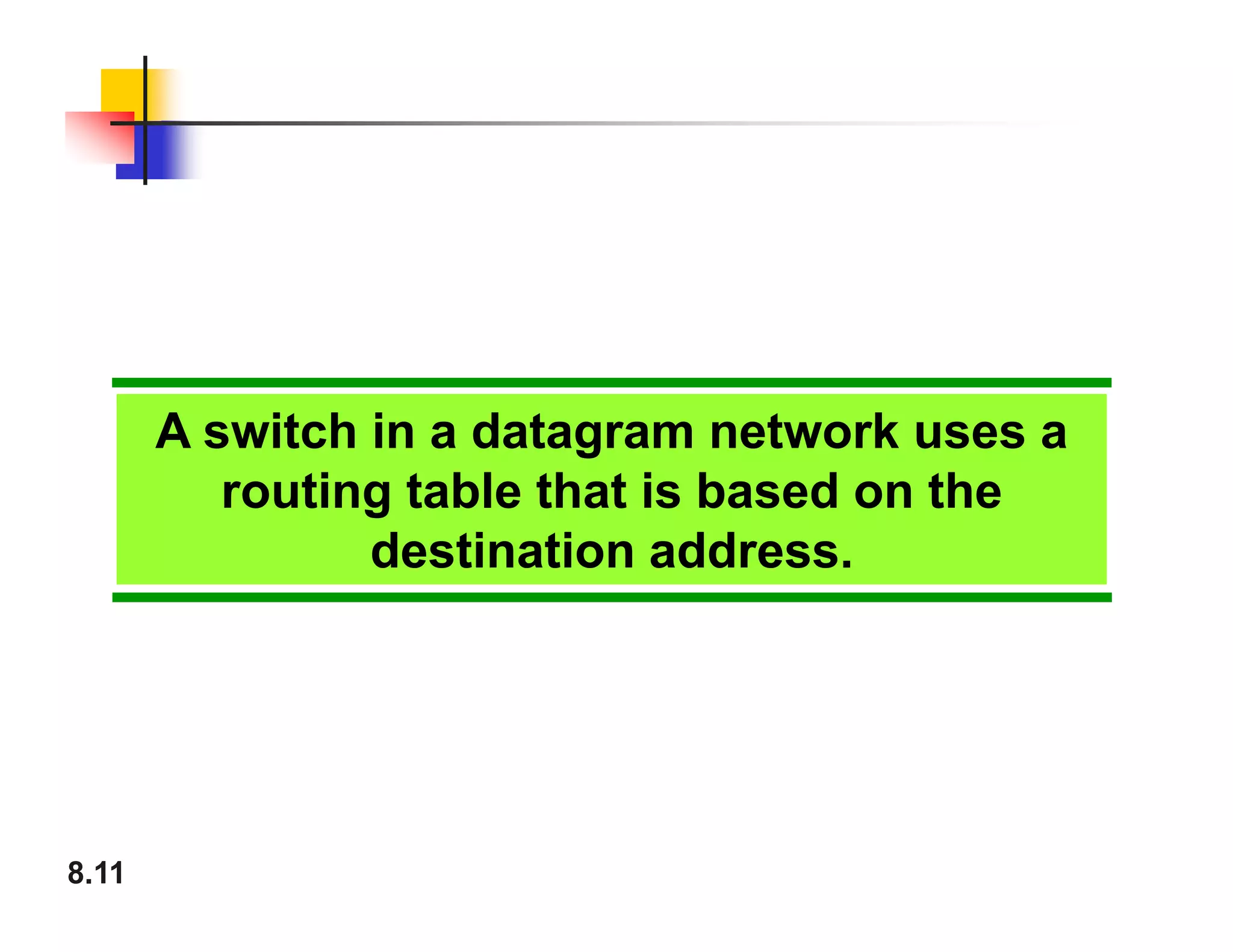 8.11
A switch in a datagram network uses a
routing table that is based on the
destination address.
 