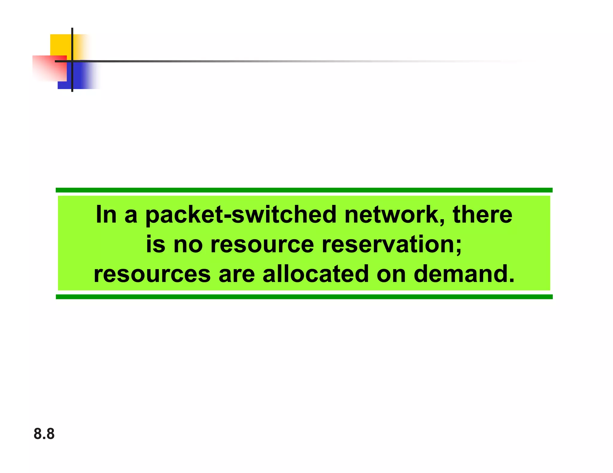 8.8
In a packet-switched network, there
is no resource reservation;
resources are allocated on demand.
 