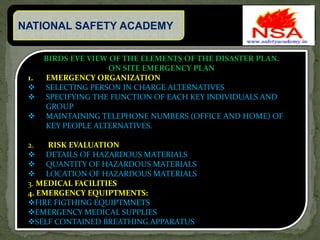 NATIONAL SAFETY ACADEMY
BIRDS EVE VIEW OF THE ELEMENTS OF THE DISASTER PLAN.
ON SITE EMERGENCY PLAN
1. EMERGENCY ORGANIZATION
 SELECTING PERSON IN CHARGE ALTERNATIVES
 SPECIFYING THE FUNCTION OF EACH KEY INDIVIDUALS AND
GROUP
 MAINTAINING TELEPHONE NUMBERS (OFFICE AND HOME) OF
KEY PEOPLE ALTERNATIVES.
2. RISK EVALUATION
 DETAILS OF HAZARDOUS MATERIALS
 QUANTITY OF HAZARDOUS MATERIALS
 LOCATION OF HAZARDOUS MATERIALS
3. MEDICAL FACILITIES
4. EMERGENCY EQUIPTMENTS:
FIRE FIGTHING EQUIPTMNETS
EMERGENCY MEDICAL SUPPLIES
SELF CONTAINED BREATHING APPARATUS
 