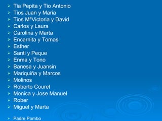 Tia Pepita y Tio Antonio Tios Juan y Maria Tios MªVictoria y David Carlos y Laura Carolina y Marta Encarnita y Tomas Esther Santi y Peque Enma y Tono Banesa y Juansin Mariquiña y Marcos Molinos Roberto Courel Monica y Jose Manuel Rober Miguel y Marta Padre Pombo Digna y Enrique M.Carmen  Francisco y Gloria Rosa M. Y Berto Rosalia y Severo Mingucho y Lolita Olga y Agustin Avelina, Africa y Vero Angel Chichi y Mari Juani Paco Alcalde y M.Jose Paco y Maria Rafael y M. Carmen Carmen y Santiago Merchi y Manolo Charo y Miguel Tomas de Abajo 