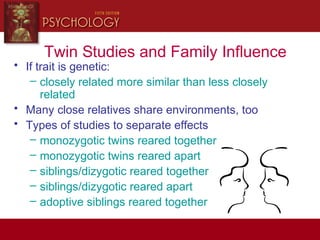 Twin Studies and Family Influence
• If trait is genetic:
– closely related more similar than less closely
related
• Many close relatives share environments, too
• Types of studies to separate effects
– monozygotic twins reared together
– monozygotic twins reared apart
– siblings/dizygotic reared together
– siblings/dizygotic reared apart
– adoptive siblings reared together
 