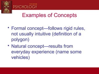 Examples of Concepts
• Formal concept—follows rigid rules,
not usually intuitive (definition of a
polygon)
• Natural concept—results from
everyday experience (name some
vehicles)
 