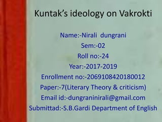 Kuntak’s ideology on Vakrokti
Name:-Nirali dungrani
Sem:-02
Roll no:-24
Year:-2017-2019
Enrollment no:-2069108420180012
Paper:-7(Literary Theory & criticism)
Email id:-dungraninirali@gmail.com
Submittad:-S.B.Gardi Department of English
 