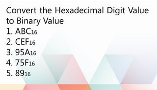 Convert the Hexadecimal Digit Value
to Binary Value
1. ABC16
2. CEF16
3. 95A16
4. 75F16
5. 8916
 