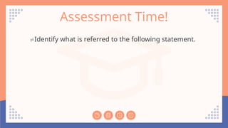 Assessment Time!
Identify what is referred to the following statement.
 