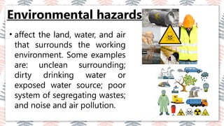 Environmental hazards
03
02
04
• affect the land, water, and air
that surrounds the working
environment. Some examples
are: unclean surrounding;
dirty drinking water or
exposed water source; poor
system of segregating wastes;
and noise and air pollution.
 
