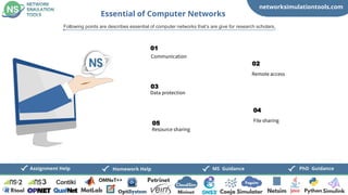 networksimulationtools.com
CloudSim
Fogsim
PhD Guidance
MS Guidance
Assignment Help Homework Help
Communication
01
Data protection
03
Resource sharing
05
Remote access
02
File sharing
04
Essential of Computer Networks
Following points are describes essential of computer networks that’s are give for research scholars,