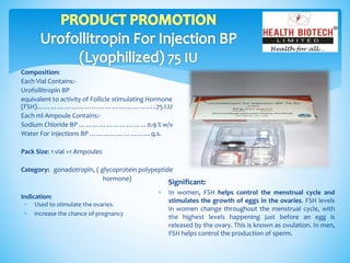 Composition:
Each Vial Contains:-
Urofollitropin BP
equivalent to activity of Follicle stimulating Hormone
(FSH)……………………………………………..75 I.U
Each ml Ampoule Contains:-
Sodium Chloride BP …………………………0.9 % w/v
Water For Injections BP ………………………q.s.
Pack Size: 1 vial +1 Ampoules
Category: gonadotropin, ( glycoprotein polypeptide
hormone)
Indication:
Significant:
 In women, FSH helps control the menstrual cycle and
stimulates the growth of eggs in the ovaries. FSH levels
in women change throughout the menstrual cycle, with
the highest levels happening just before an egg is
released by the ovary. This is known as ovulation. In men,
FSH helps control the production of sperm.
 Used to stimulate the ovaries.
 increase the chance of pregnancy
 