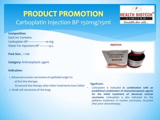 Carboplatin Injection BP 150mg/15ml
Composition:
Each mL Contains:
Carboplatin BP-----------------------10 mg
Water For Injections BP ------------q.s.
Pack Size : 1 vial
Category: Antineoplastic agent
Indication:
Significant:
 Carboplatin is indicated in combination with an
established combination of chemotherapeutic agents
for the initial treatment of advanced ovarian
carcinoma. Carboplatin is also indicated for the
palliative treatment of ovarian carcinoma, recurrent
after prior chemotherapy.
 1. Advanced ovarian carcinoma of epithelial origin in:
a) first line therapy
b) second line therapy after other treatments have failed
 2. Small cell carcinoma of the lung.
 