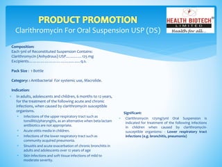 Clarithromycin For Oral Suspension USP (DS)
Composition:
Each 5ml of Reconstituted Suspension Contains:
Clarithromycin (Anhydrous) USP…………125 mg
Excipients…………………………..…..…q.s.
Pack Size : 1 Bottle
Category: : Antibacterial For systemic use, Macrolide.
Indication:
Significant:
 Clarithromycin 125mg/5ml Oral Suspension is
indicated for treatment of the following infections
in children when caused by clarithromycin-
susceptible organisms: - Lower respiratory tract
infections (e.g. bronchitis, pneumonia)
 In adults, adolescents and children, 6 months to 12 years,
for the treatment of the following acute and chronic
infections, when caused by clarithromycin susceptible
organisms.
 Infections of the upper respiratory tract such as
tonsillitis/pharyngitis, as an alternative when beta lactam
antibiotics are not appropriate.
 Acute otitis media in children.
 Infections of the lower respiratory tract such as
community acquired pneumonia.
 Sinusitis and acute exacerbation of chronic bronchitis in
adults and adolescents over 12 years of age
 Skin infections and soft tissue infections of mild to
moderate severity.
 