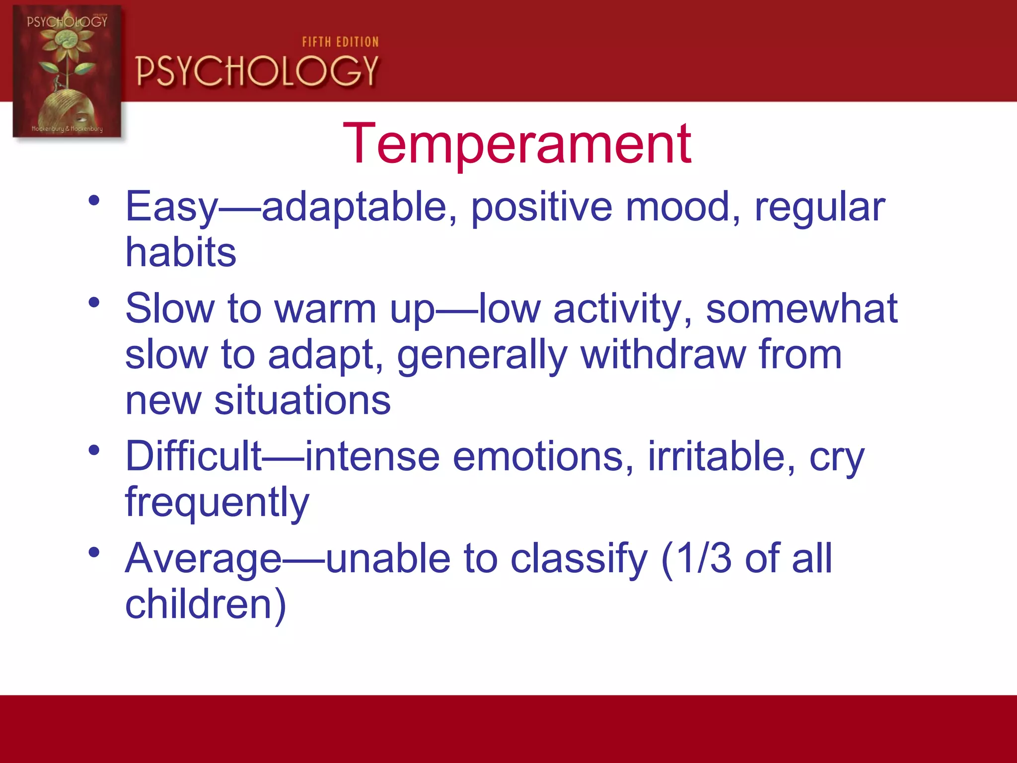Temperament
• Easy—adaptable, positive mood, regular
habits
• Slow to warm up—low activity, somewhat
slow to adapt, generally withdraw from
new situations
• Difficult—intense emotions, irritable, cry
frequently
• Average—unable to classify (1/3 of all
children)
 