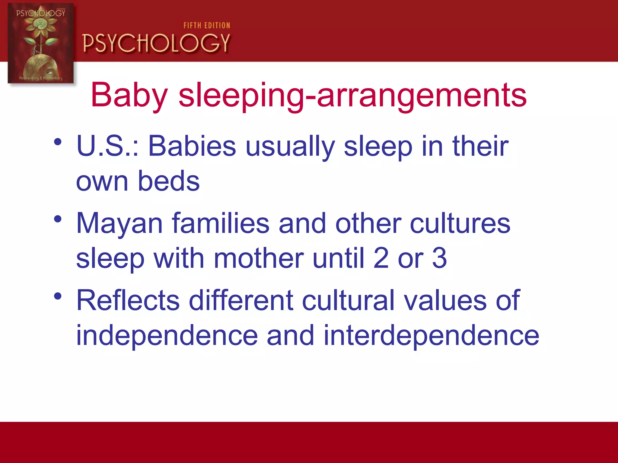 Baby sleeping-arrangements
• U.S.: Babies usually sleep in their
own beds
• Mayan families and other cultures
sleep with mother until 2 or 3
• Reflects different cultural values of
independence and interdependence
 