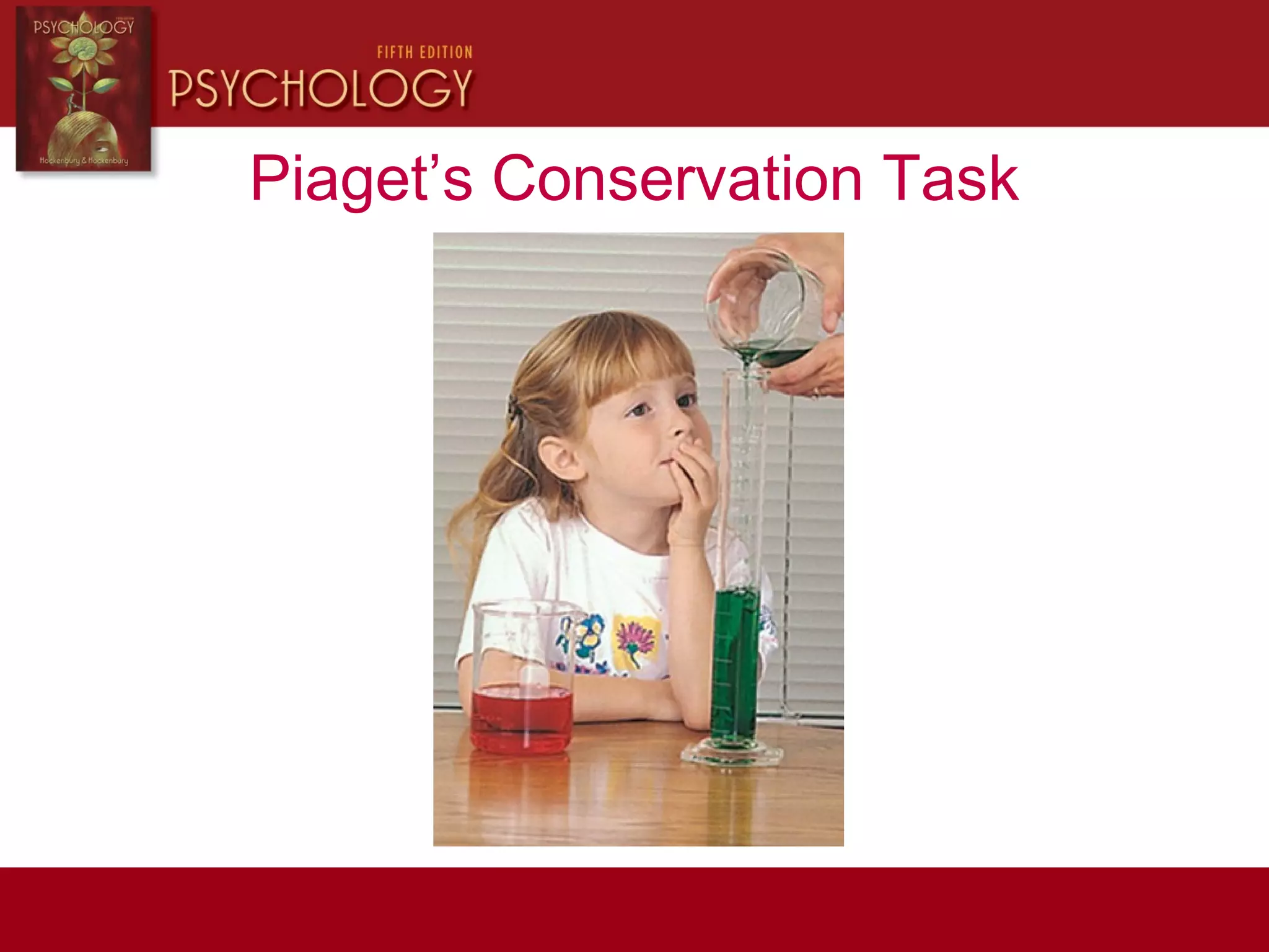 Piaget’s Conservation Task
In conservation of number tests, two equivalent rows of coins
are placed side by side and the child says that there is the same
number in each row. Then one row is spread apart and the child
is again asked if there is the same number in each.
 