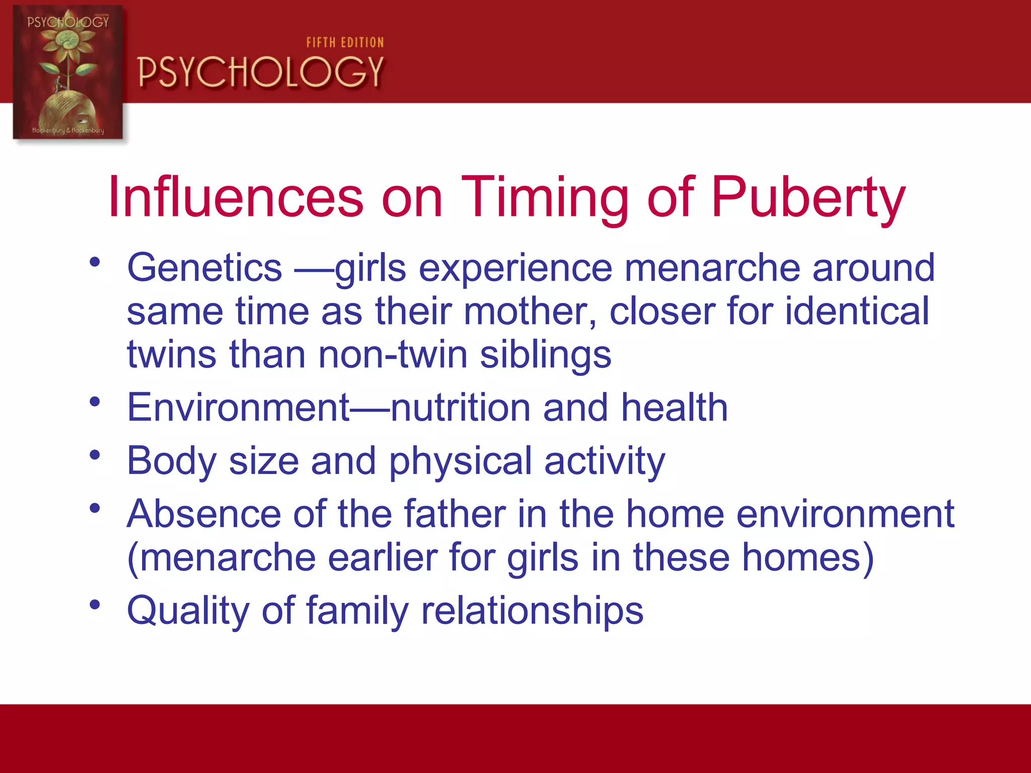 Influences on Timing of Puberty
• Genetics —girls experience menarche around
same time as their mother, closer for identical
twins than non-twin siblings
• Environment—nutrition and health
• Body size and physical activity
• Absence of the father in the home environment
(menarche earlier for girls in these homes)
• Quality of family relationships
 